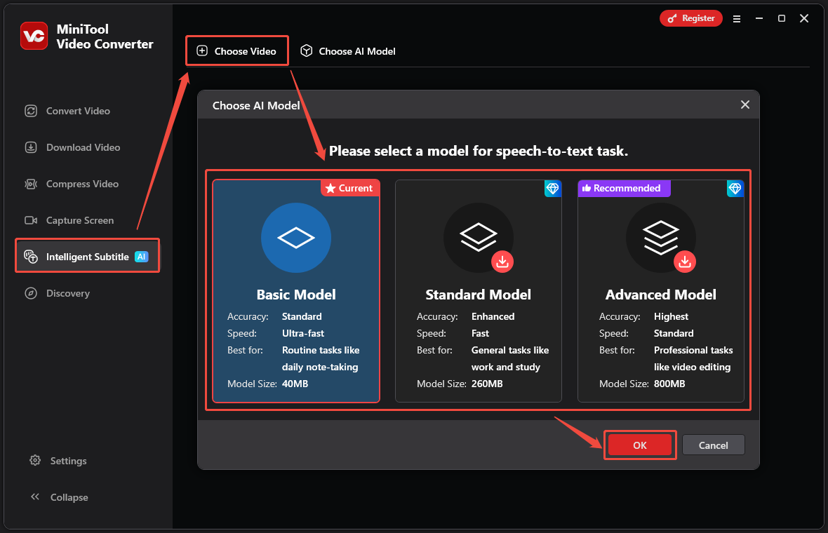 MiniTool Video Converter’s Intelligent Subtitle window with 3 AI model choices: Basic Model, Standard Model, and Advanced Model
