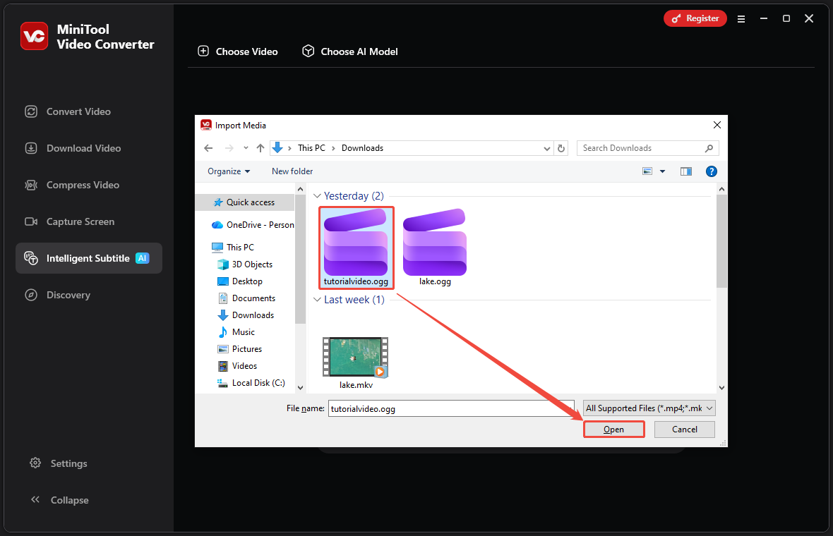 MiniTool Video Converter’s Import Media window with an OGG file and the Open option highlighted