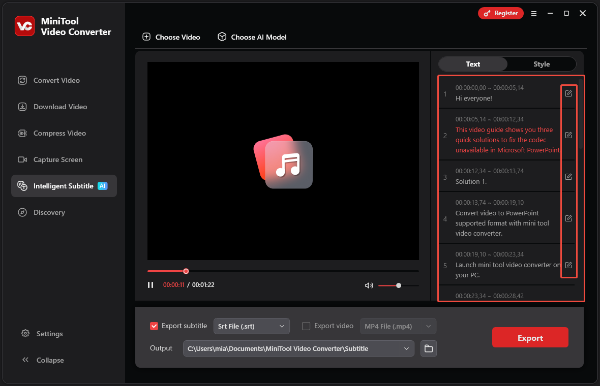 MiniTool Video Converter’s Intelligent Subtitle interface displays the auto-generated transcript in a right-hand panel
