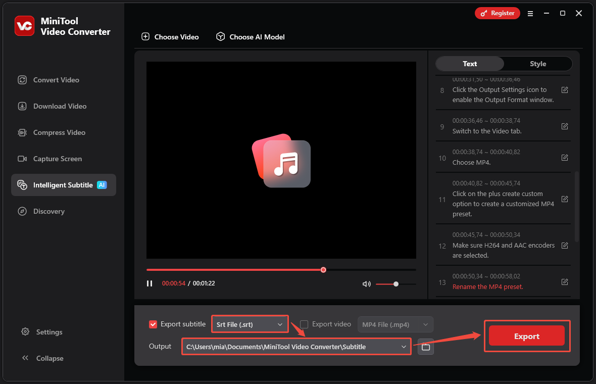 MiniTool Video Converter’s Intelligent Subtitle interface with the Export subtitle, Output, and Export option highlighted