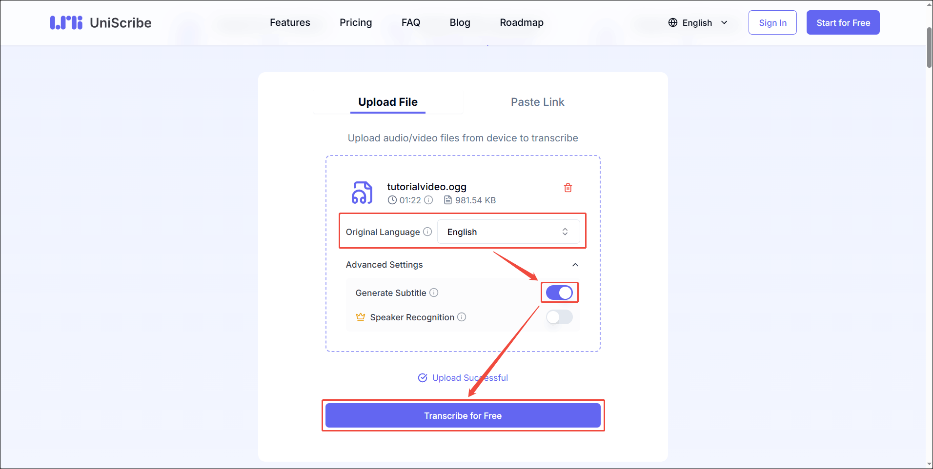 UniScribe interface with the Original Language option, the toggle of Generate Settings, and the Transcribe for Free button highlighted