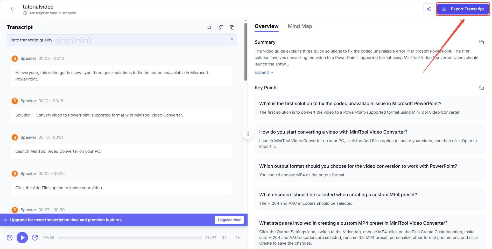 UniScribe interface showing the generated txt and the Export Transcript button is highlighted