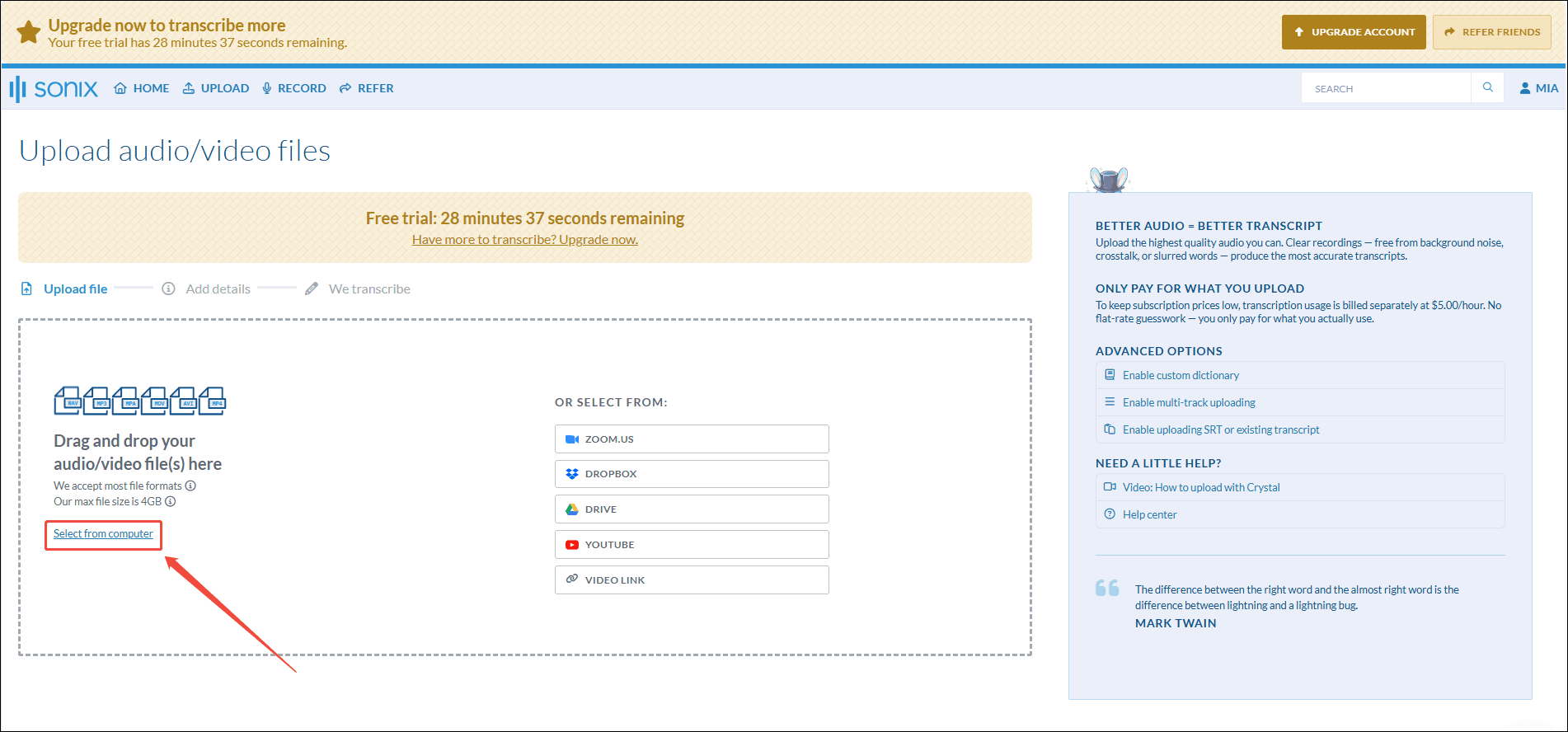 Sonix interface showing the drag-and-drop area with the Select from computer option highlighted