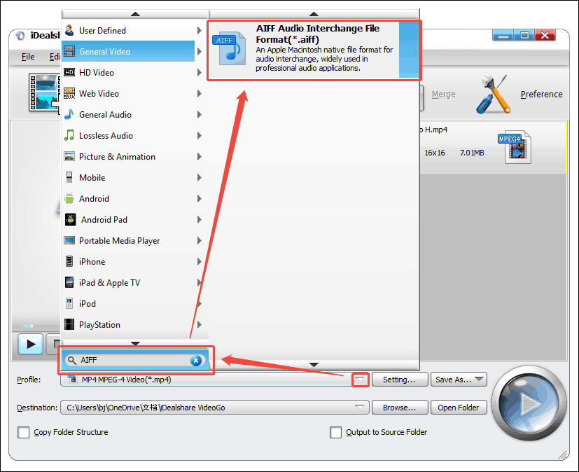 Expand the Profile: option and choose the AIFF format in iDealshare VideoGo as the output format