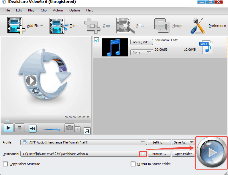Expand the Destination option to specify a storage location and click the Play icon in iDealshare VideoGo to begin the conversion process