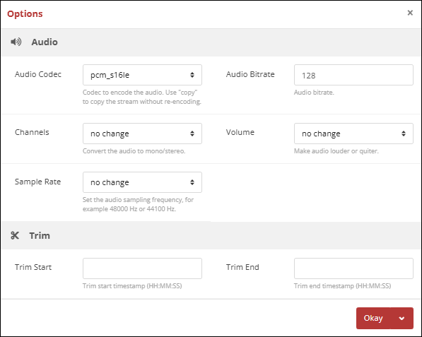 The interface of the Options window in CloudConvert