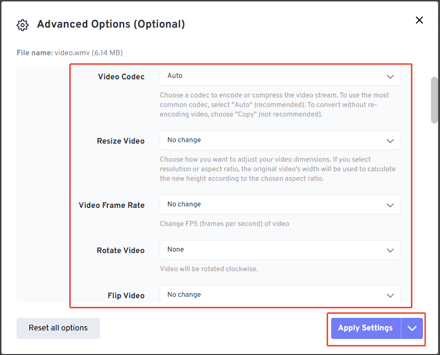 The Advanced Options window of FreeConvert