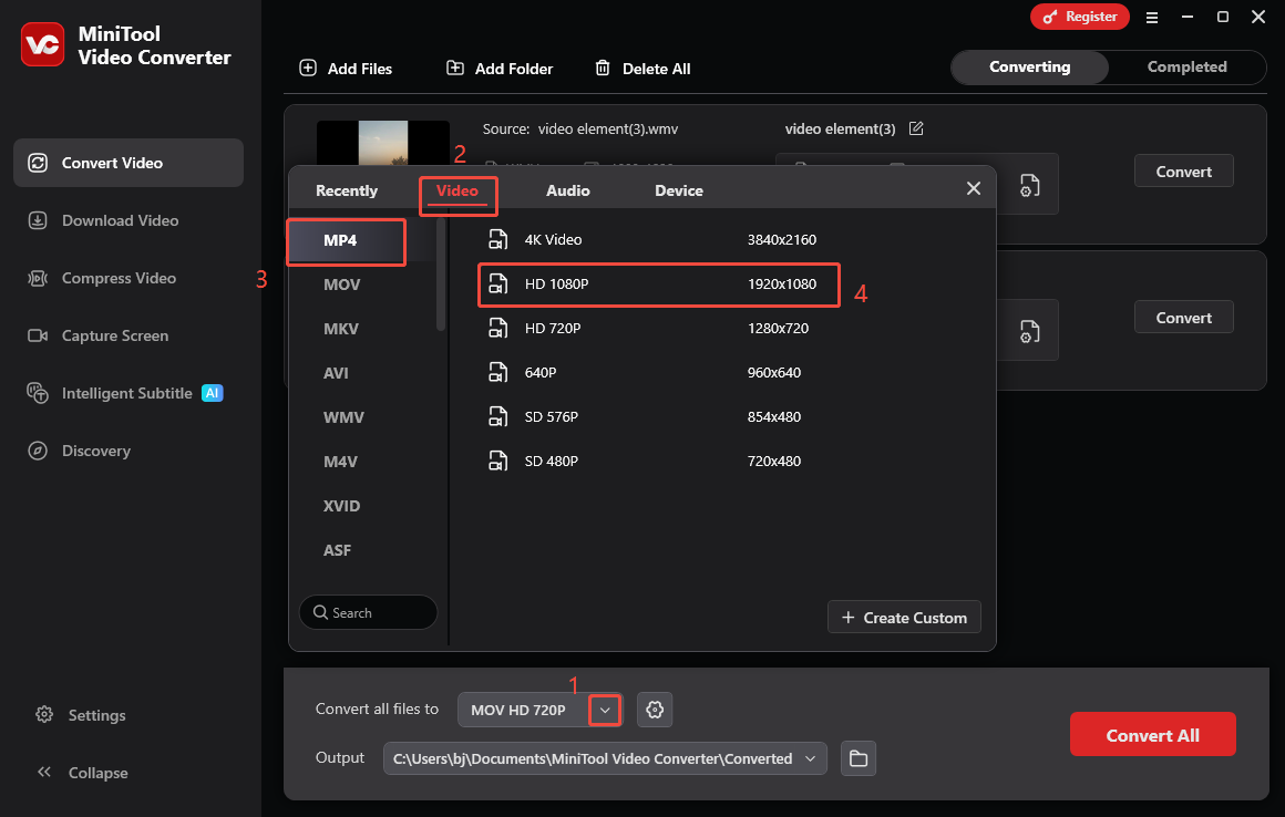 Expand the Convert all files to option in MiniTool Video Converter to access the output format window and choose WMV HD 1080P as the output format window