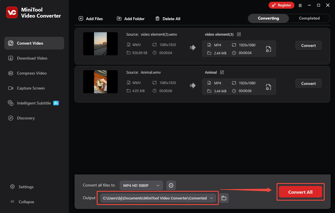 Expand the Output option to choose a save path and click on Convert All in MiniTool Video Converter to begin the conversion process