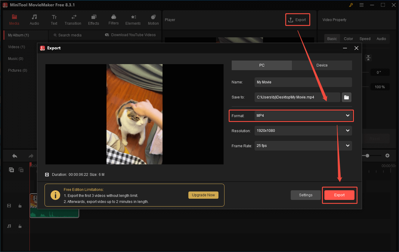 Click on the Export icon, specify the output settings, and click on Export in MiniTool Video Converter to save the converted video