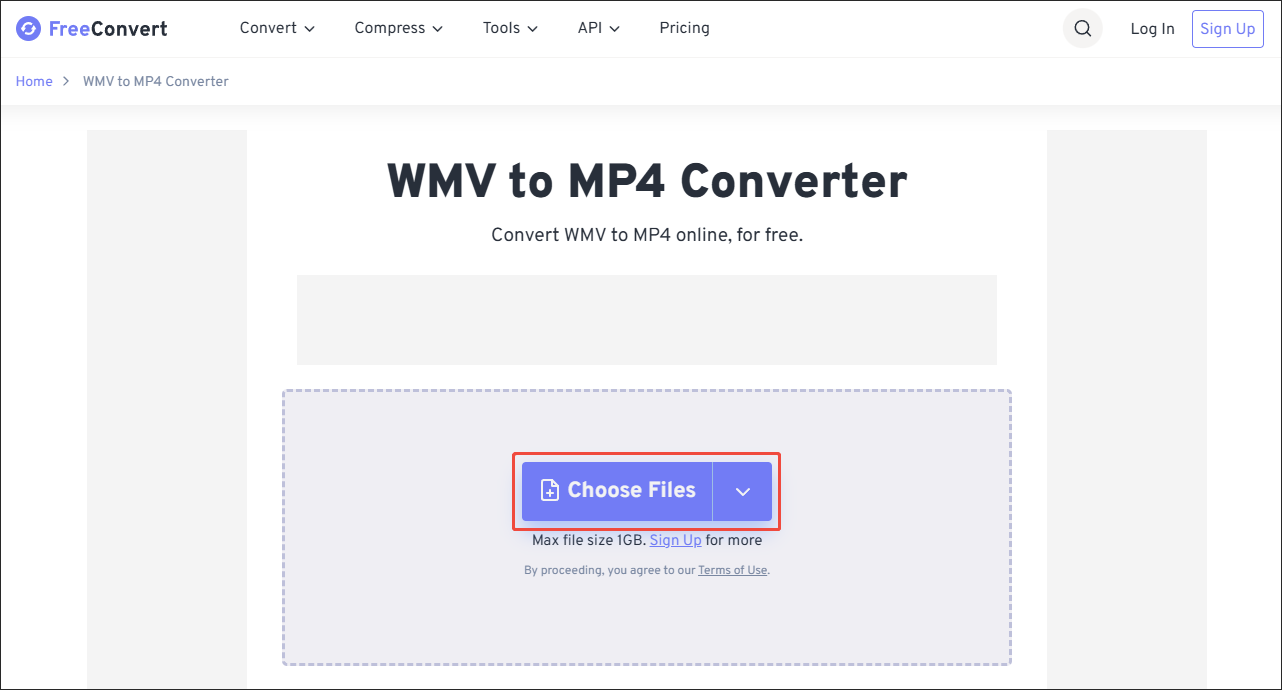 Click on Choose Files in FreeConvert to upload your WMV video