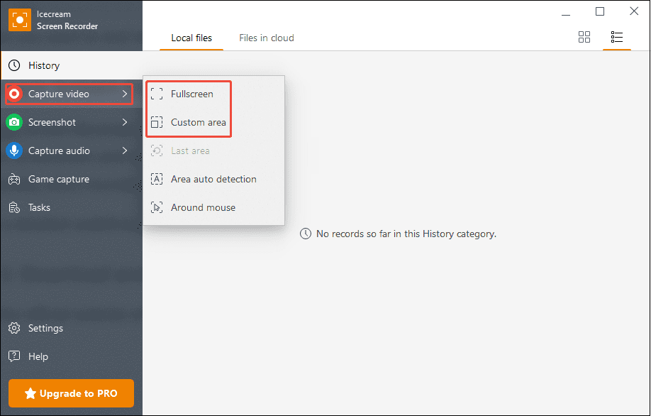 Click on Capture video, then choose Fullscreen or Custom area to determine the recording region of the NBA League Pass games in Icecream Screen Recorder