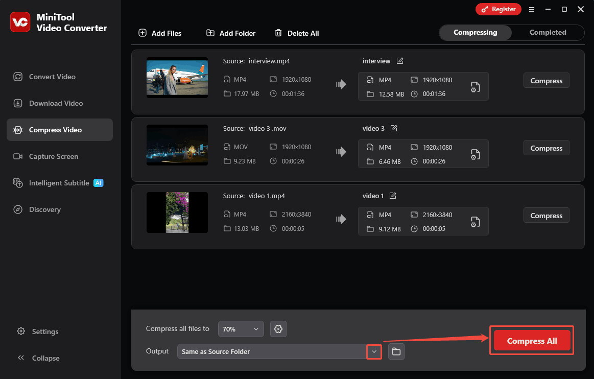 Expand the Output option at the bottom to choose a storage location and click the Compress All button in the Compress Video tab to start the compression