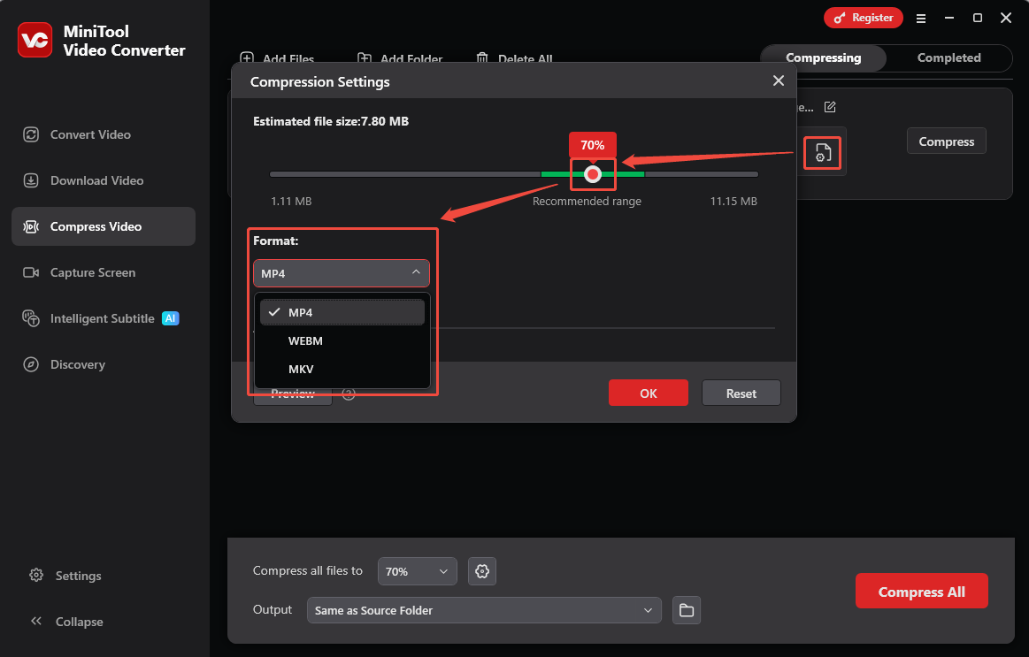 Specify the compression percentage and select a format in the Compress Video module of MiniTool Video Converter to save as the output format