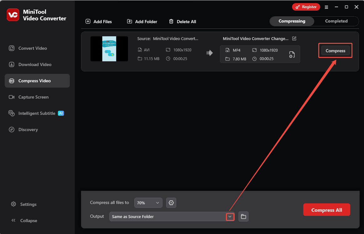 Expand the Output option at the bottom to choose a storage location and click the Compress button in the Compress Video tab to start the compression