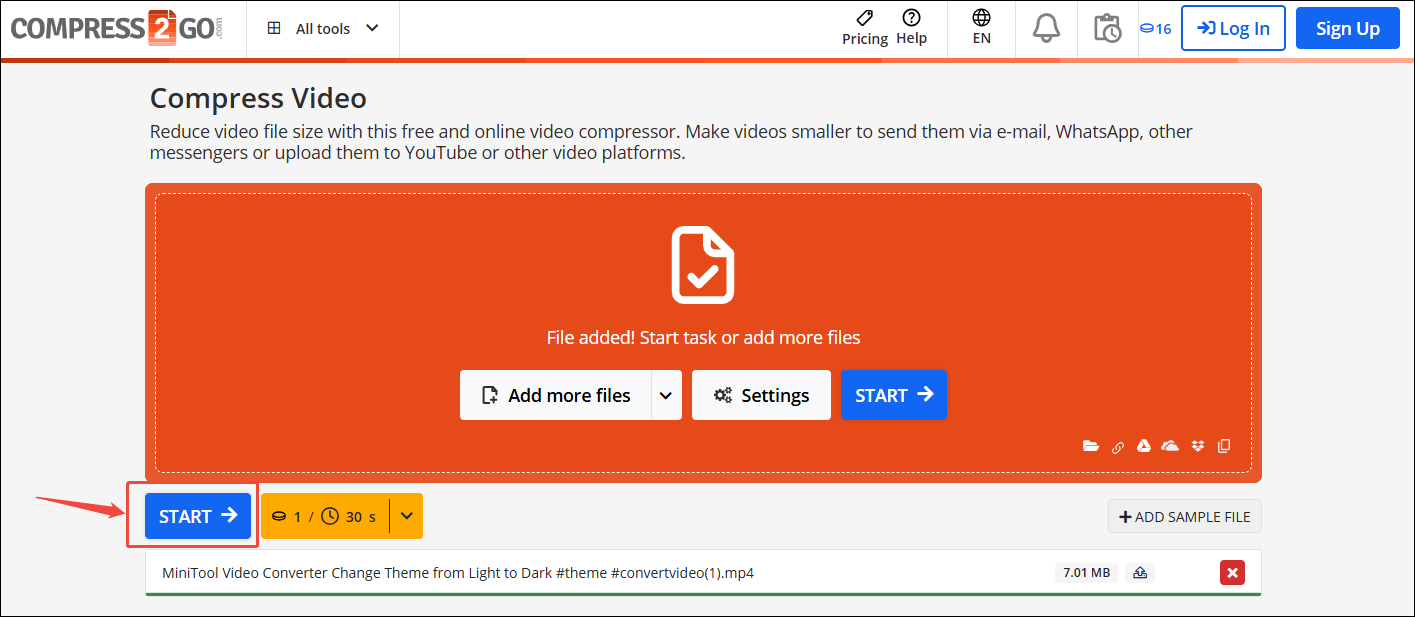 Click the START button in Online File Compressor to begin the compression