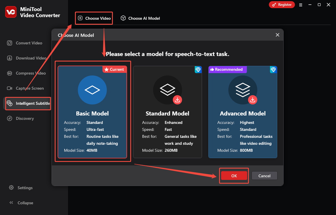 Select the AI model you want and click on the OK button in MiniTool Video Converter to download it