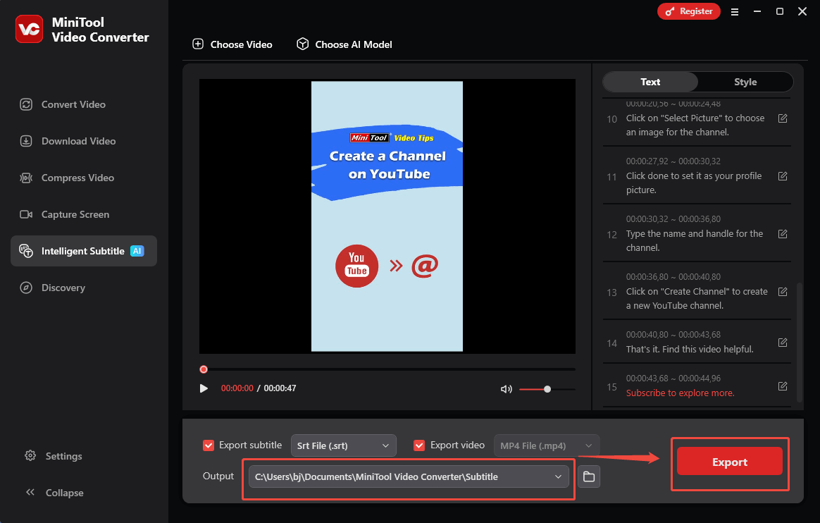 Expand the Output option to choose a saving path for the converted file and click on the Export button to begin the transcription process