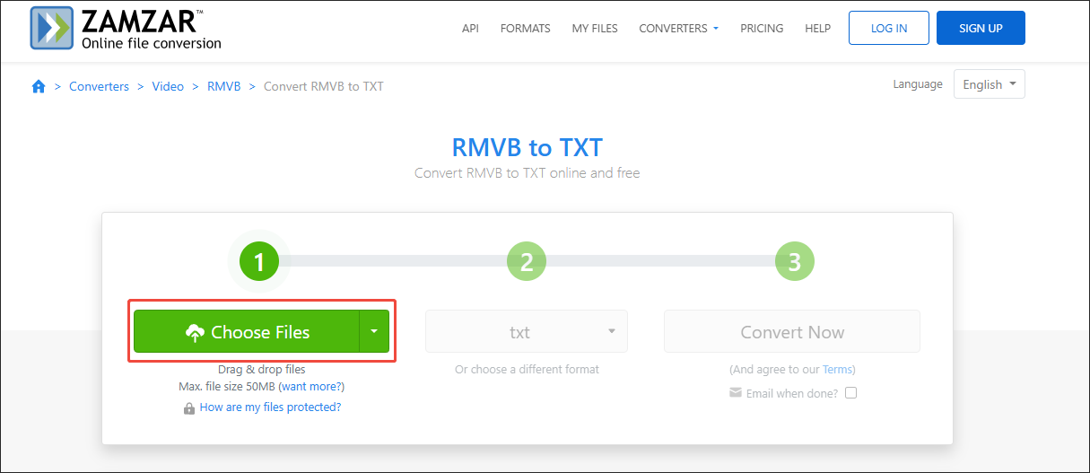 Click on Choose Files in Zamzar to import your RMVB video