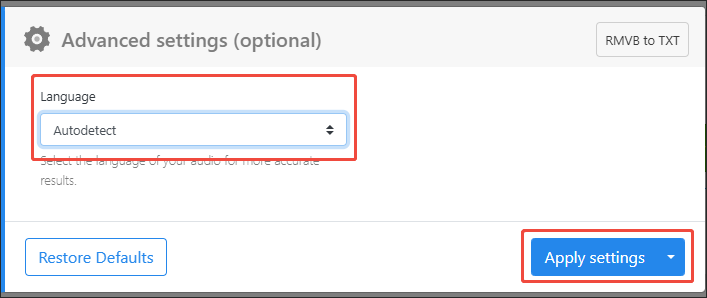 Specify the conversion settings in the Advanced settings window of Zamzar