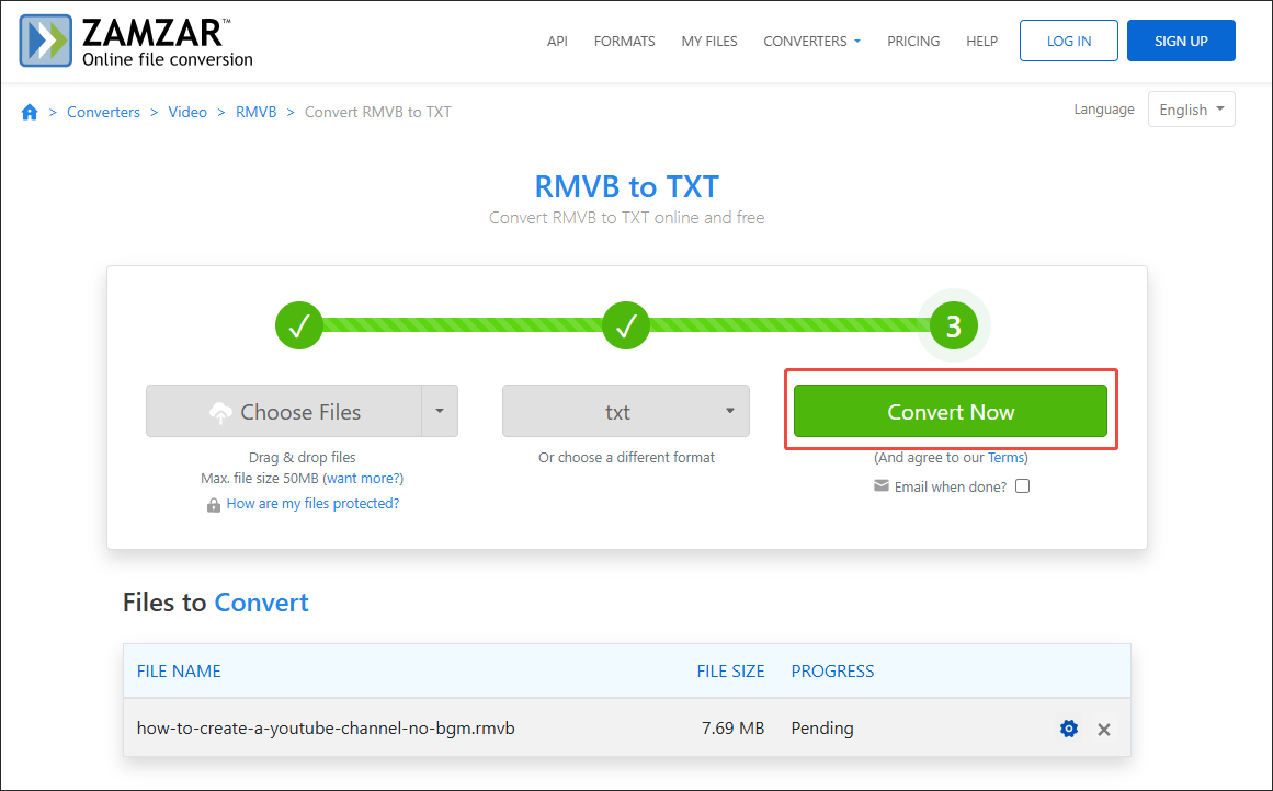 Click on the Convert Now in Zamzar to begin the conversion process