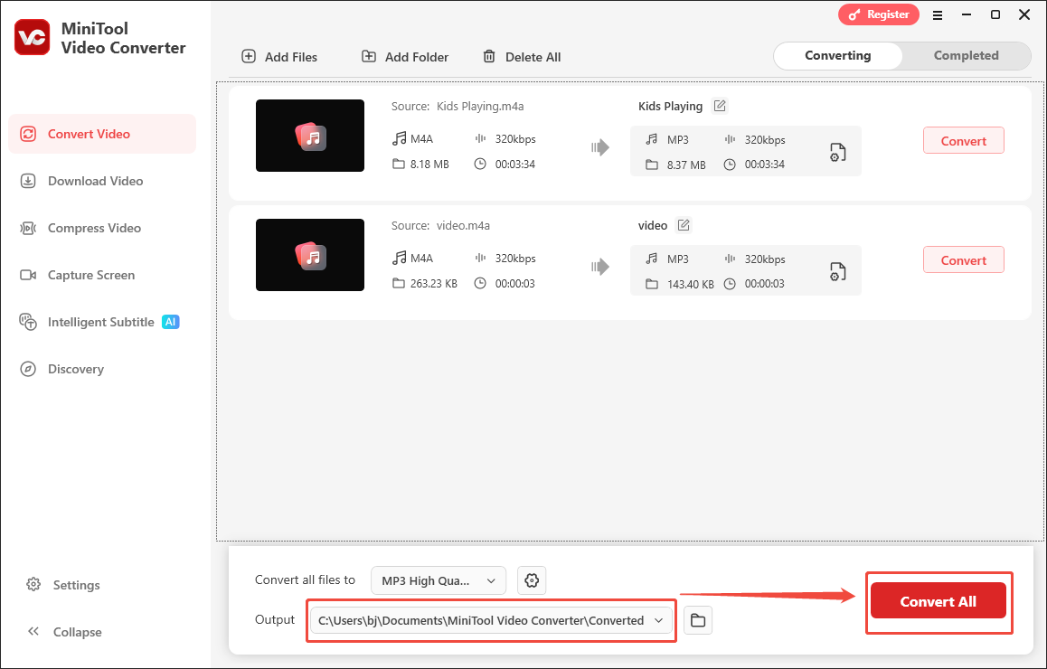 Expand the Output option to choose a save path and click on Convert All in MiniTool Video Converter to begin the conversion process