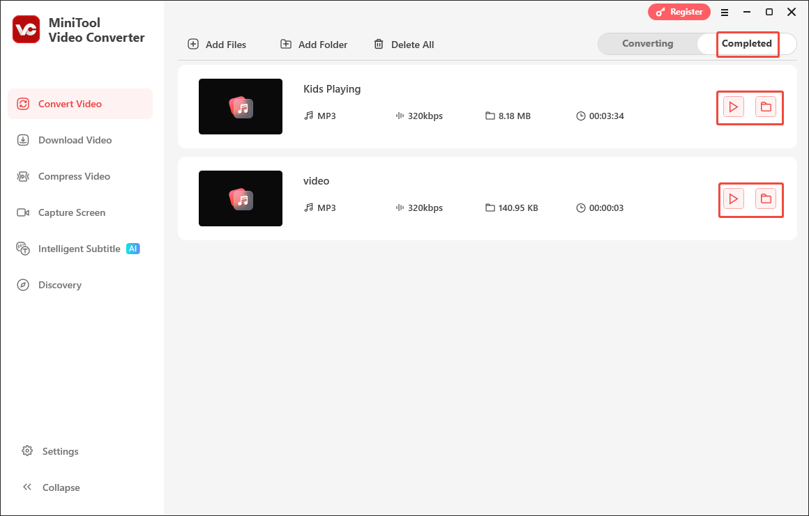 Click on the Play icon or the Folder icon in MiniTool Video Converter to view or locate the output files