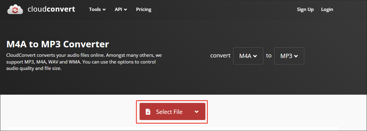Click on Select File in CloudConvert to import the M4A file