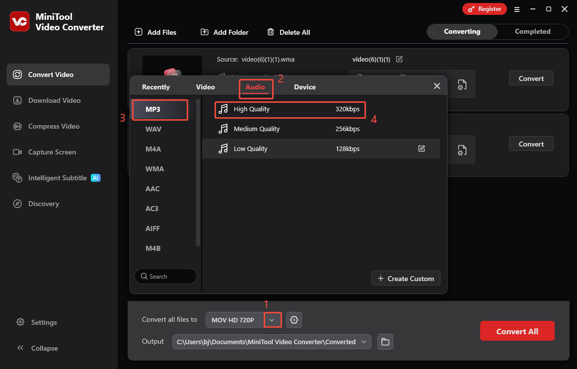 Expand the Convert all files to option in MiniTool Video Converter to choose MP3 High Quality as the output format
