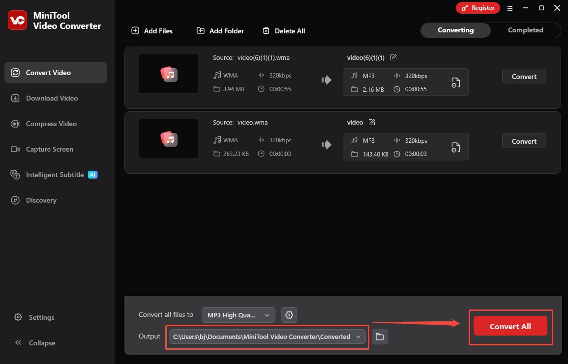 Expand the Output option to choose a save path and click on Convert All in MiniTool Video Converter to begin the conversion process