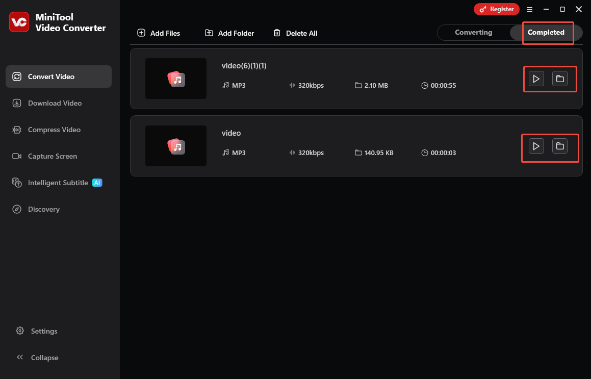 Click on the Play icon or the Folder icon in MiniTool Video Converter to view or locate the output files
