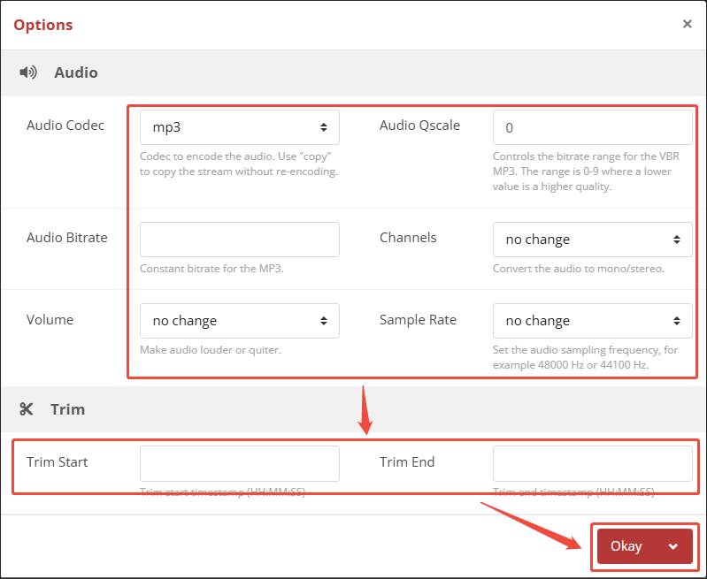 The Option window of CloudConvert