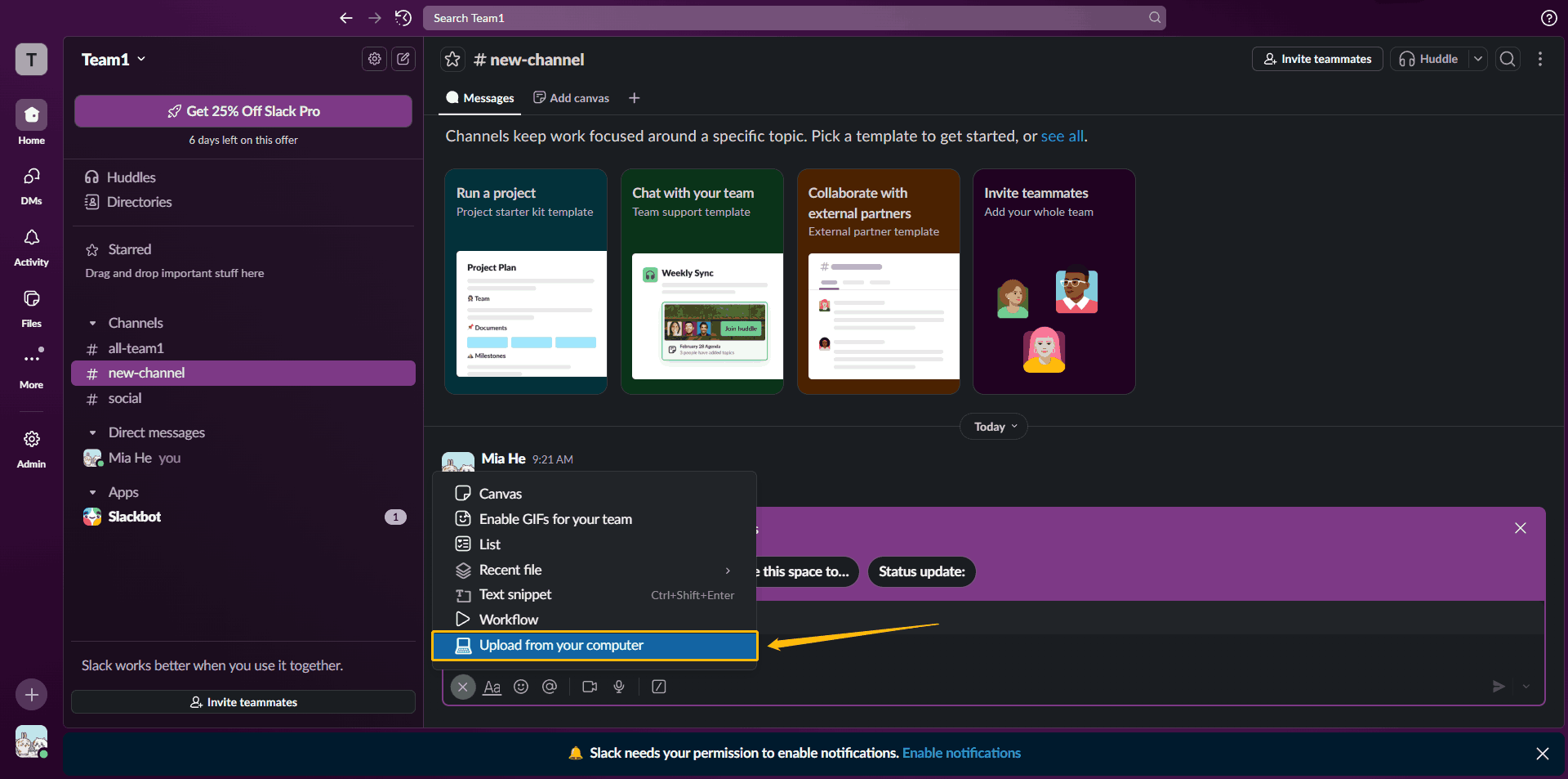Slack interface with the Upload from your computer option highlighted