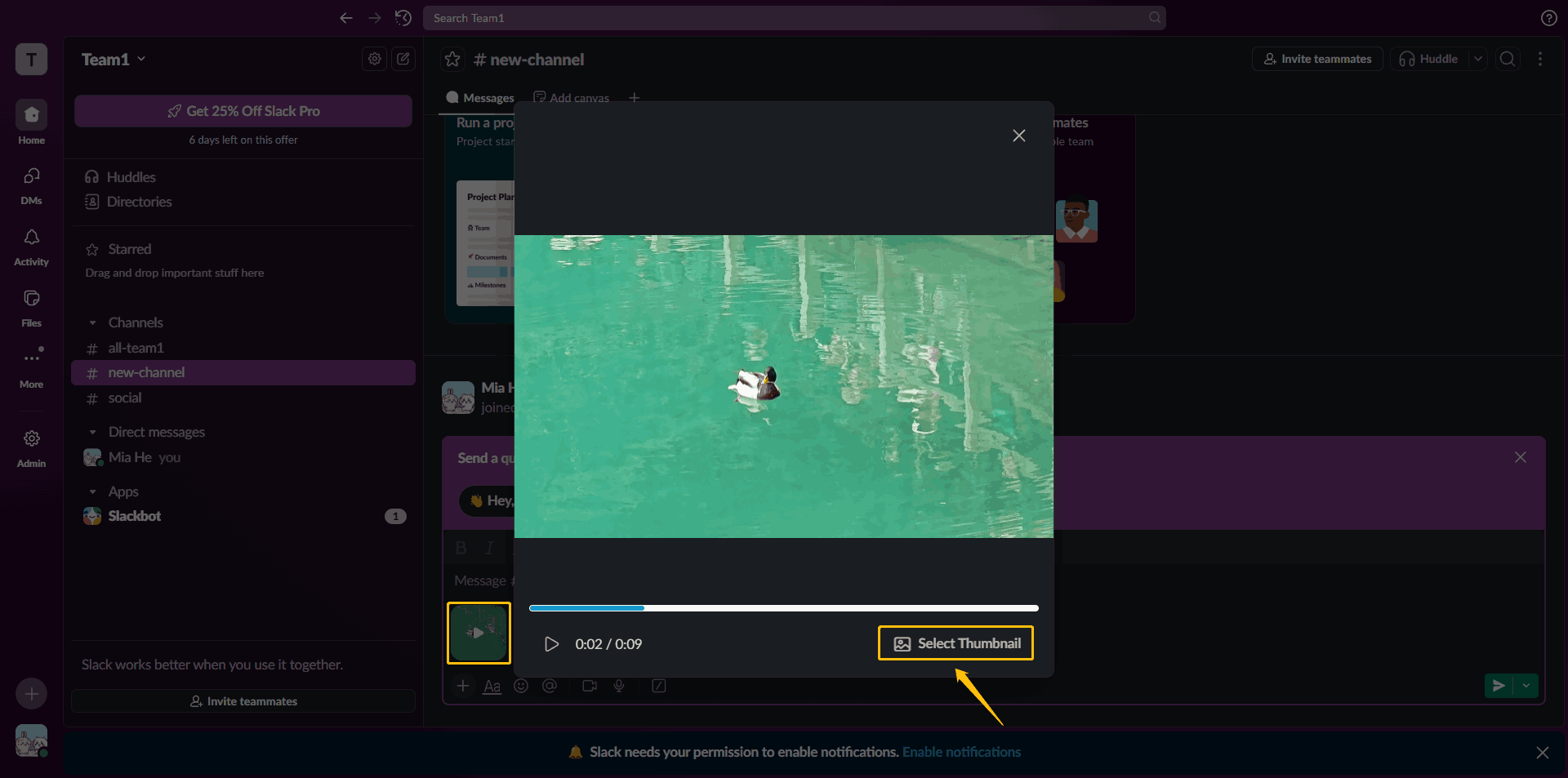 Slack interface with the Select Thumbnail option highlighted