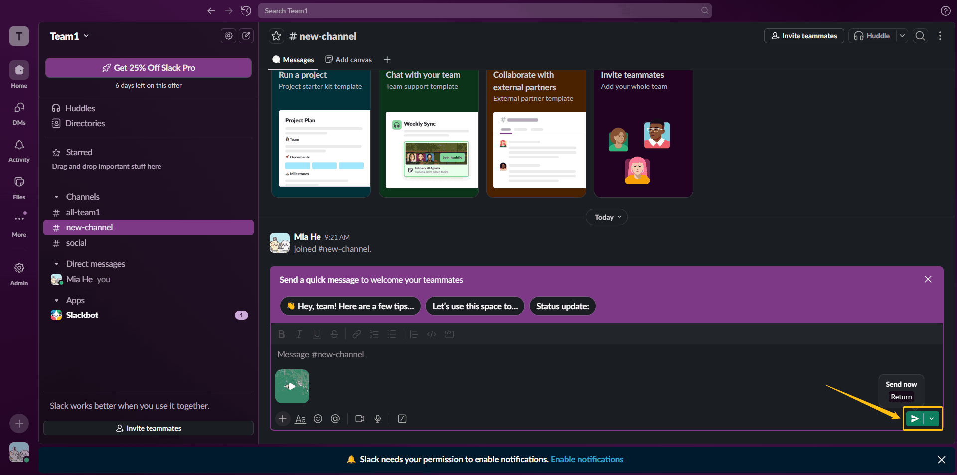 Slack interface with the Send now option highlighted