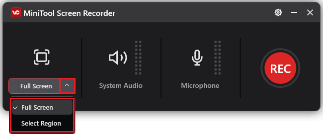 Erweitern des Dropdown-Menüs für den Aufnahmebereich in MiniTool Screen Recorder.