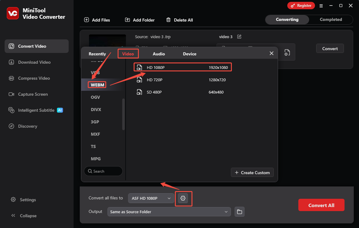 Choose WEBM in the output format window of MiniTool Video Converter as the output format