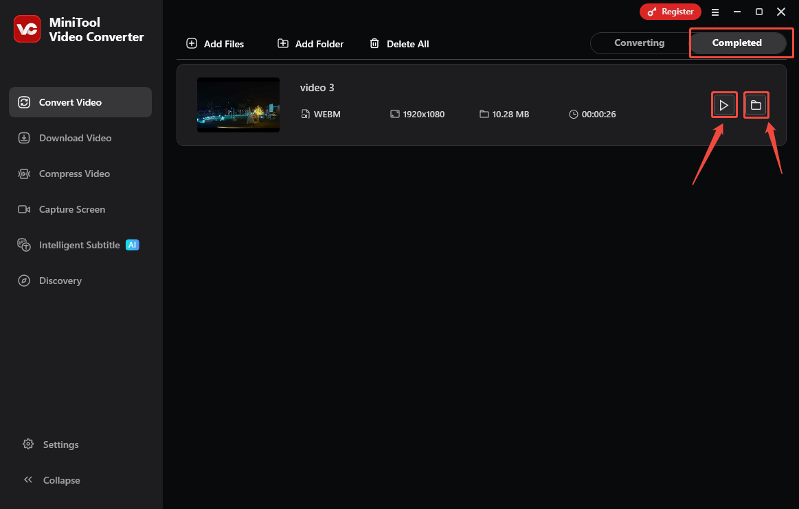 Click the Play icon or Folder icon in MiniTool Video Converter to view or locate the converted video
