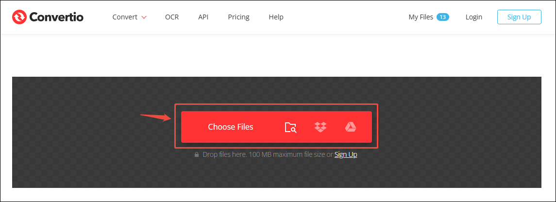 Click the Choose Files option in Convertio to upload the TRP file