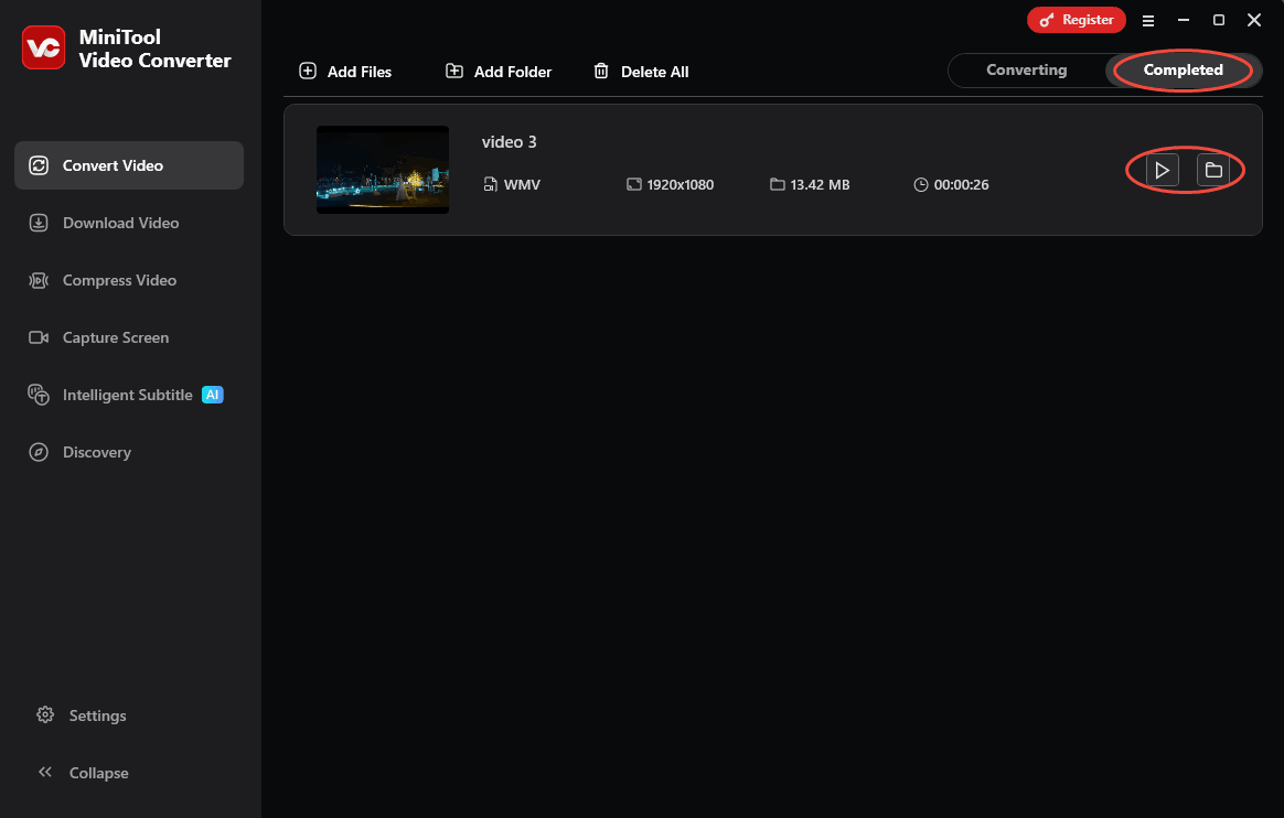 Click the Play icon or the Folder icon under the Completed tab in MiniTool Video Converter to check or locate the converted video