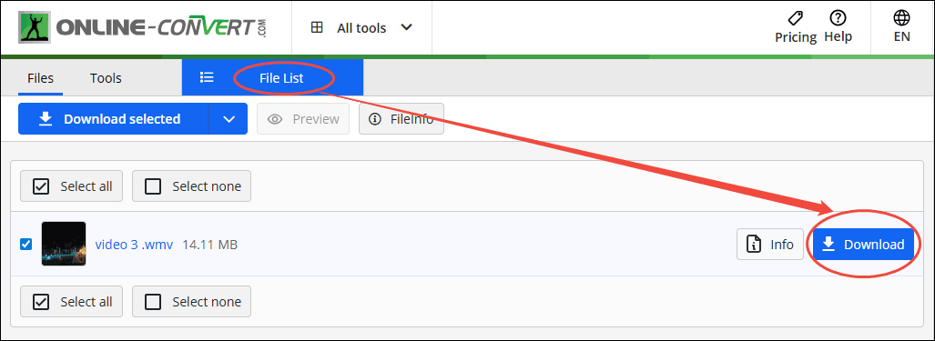Click the Download button under the File List tab to save the converted video