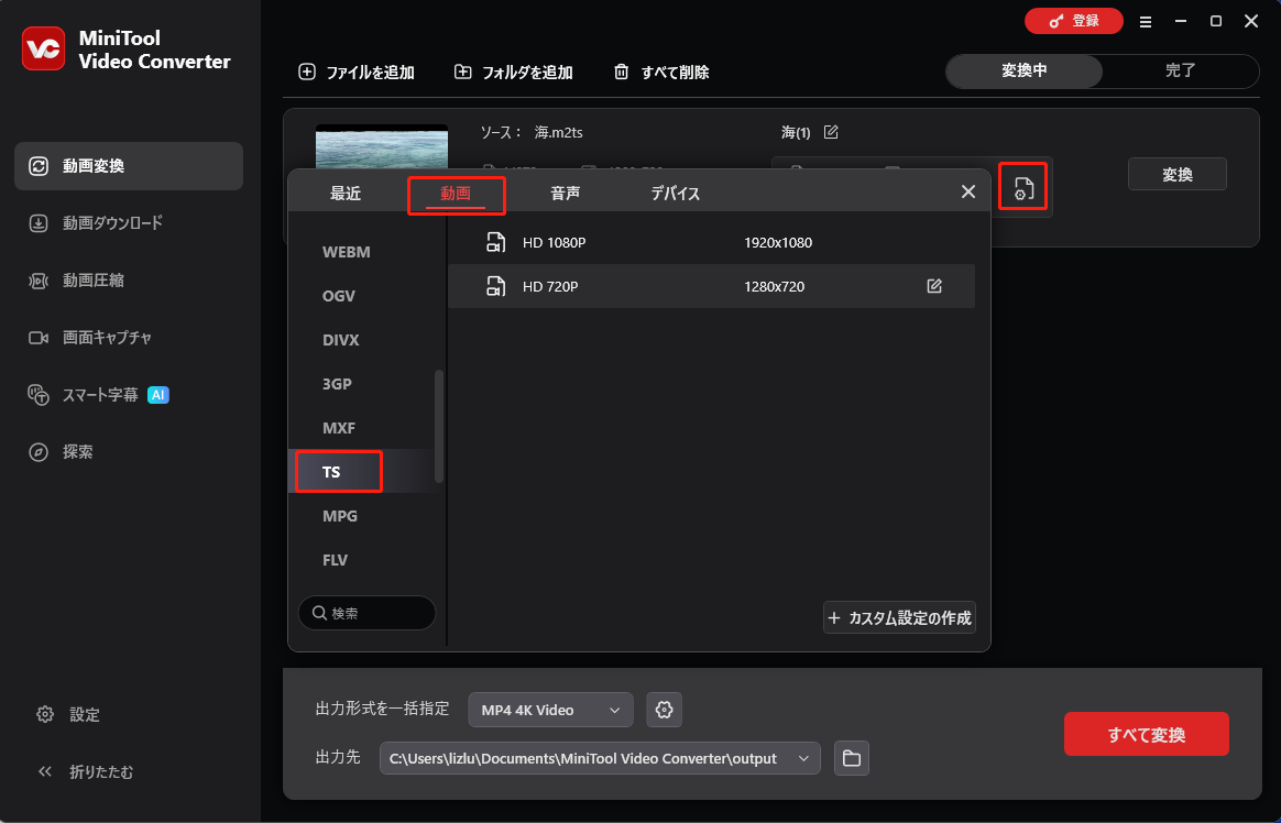 MiniTool Video Converterで「動画」>「TS」をクリックする