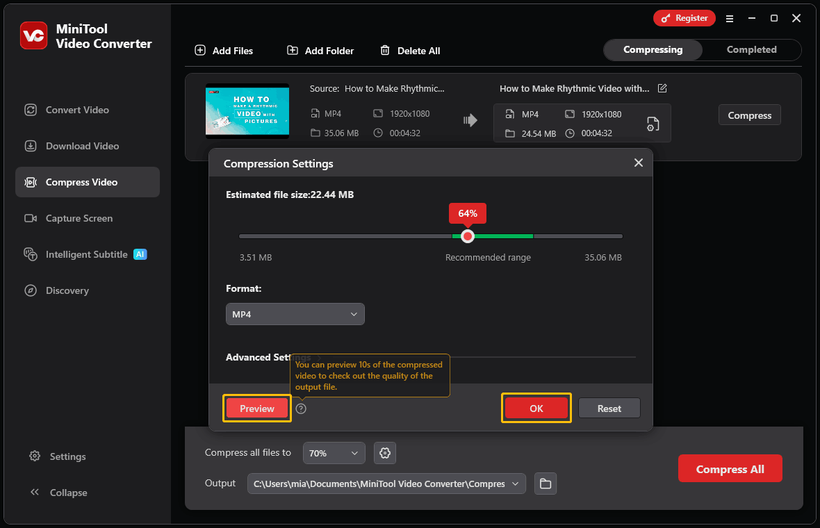 zur Überprüfung der Videoqualität in MiniTool Video Converter auf „Vorschau“ klicken