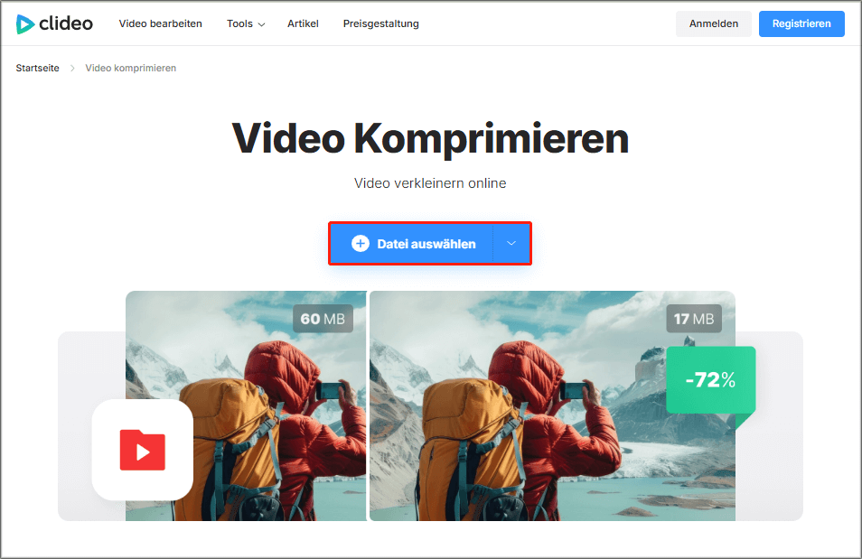 in Clideo zum Importieren von Videos auf „+Datei auswählen“ klicken