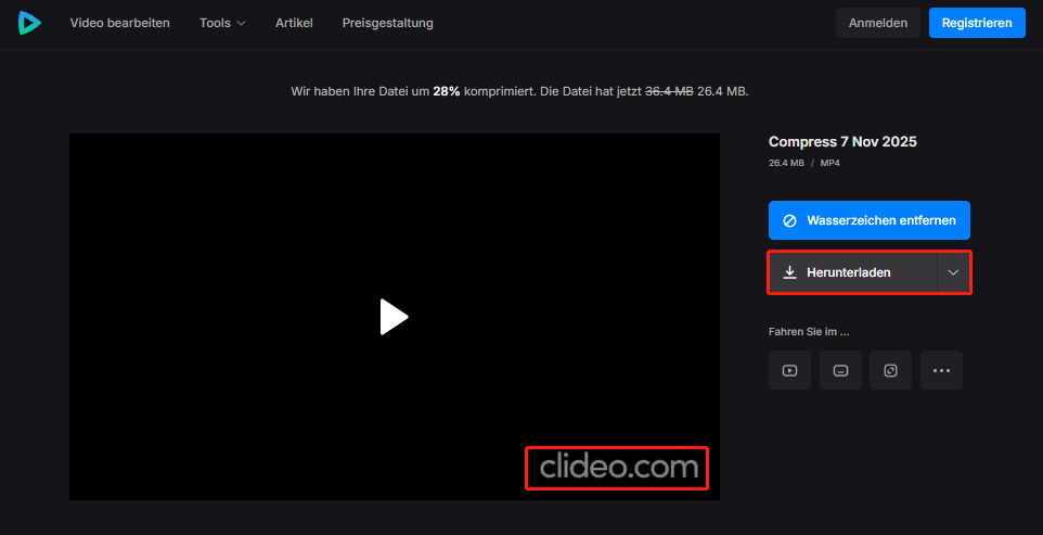 in Clideo auf „Herunterladen“ klicken, um das komprimierte Video lokal zu speichern