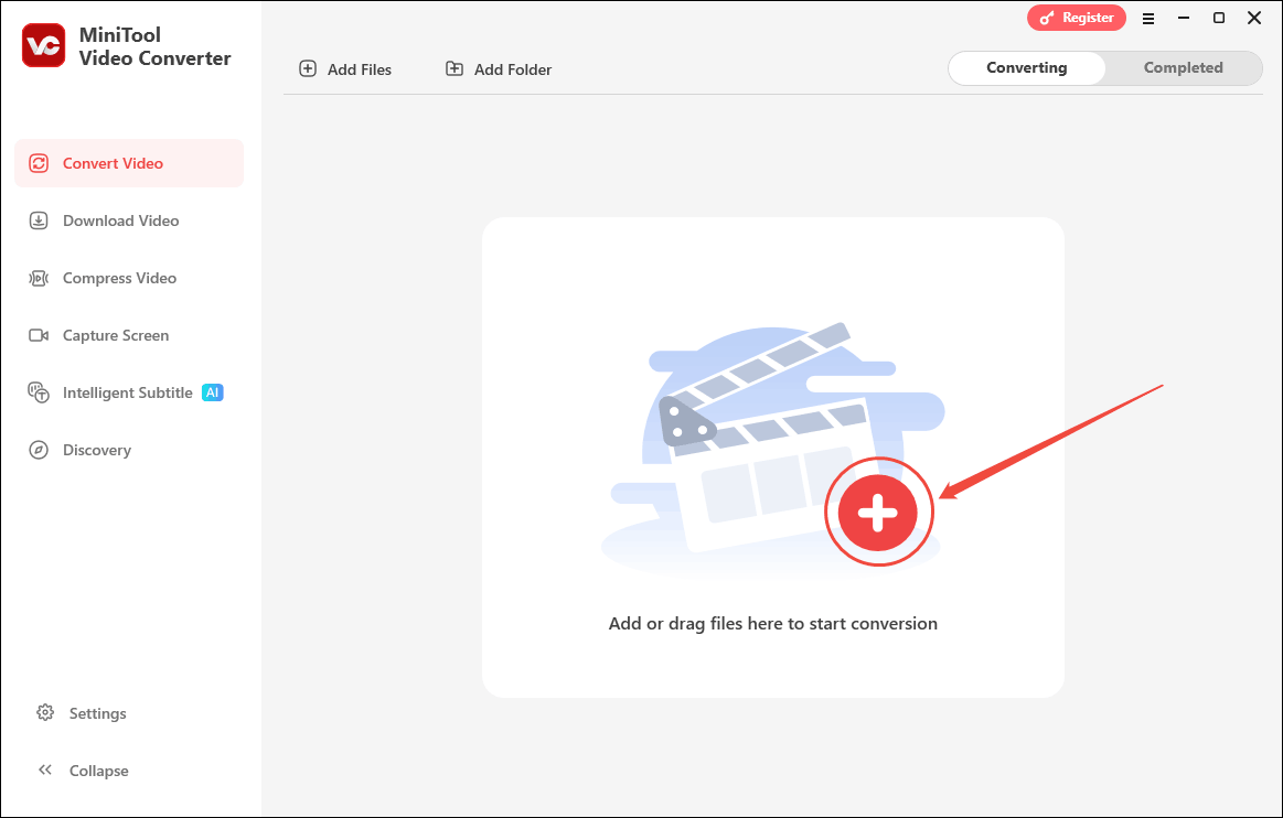Click the Plus icon in the Convert Video tab of MiniTool Video Converter to upload your VOB video