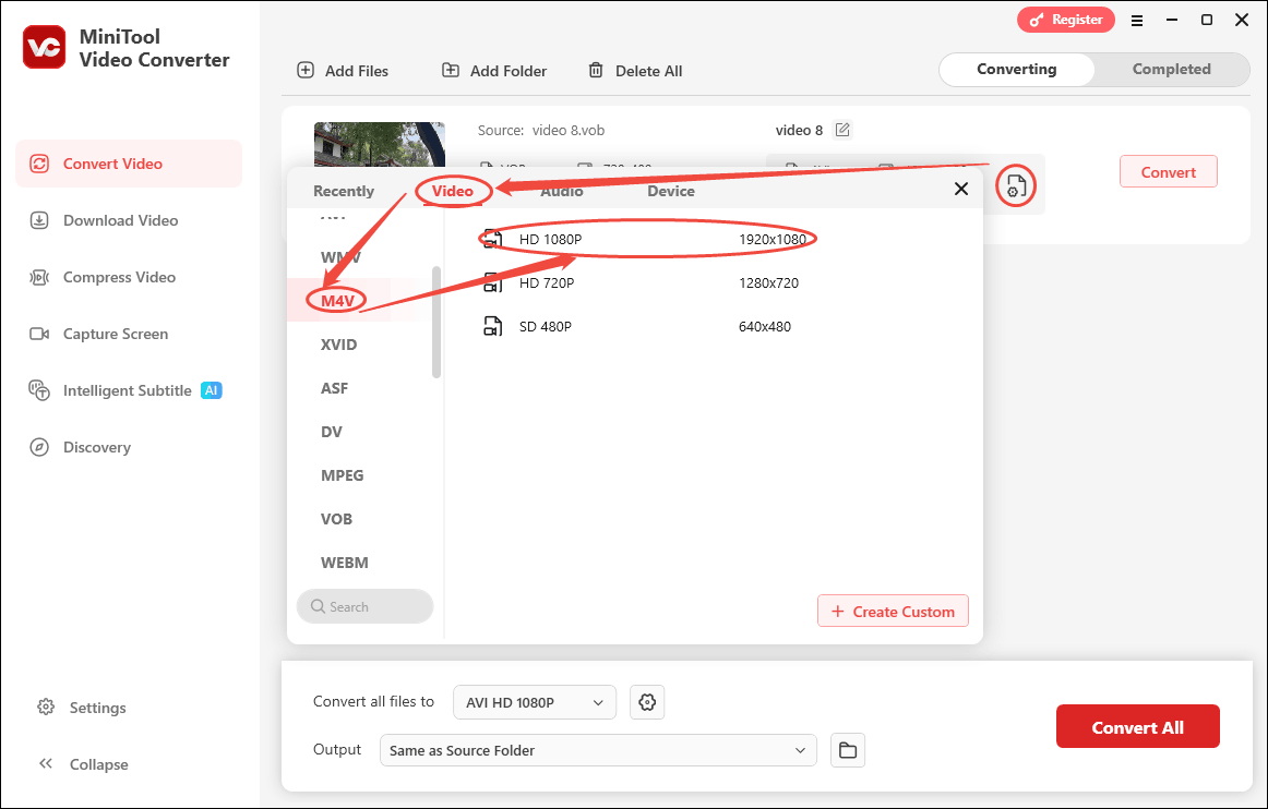 Choose M4V in the output format window of MiniTool Video Converter as the output format