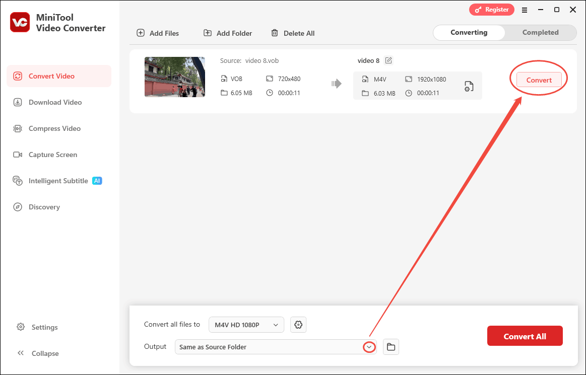 Expand the Output to specify a storage location and click the Convert button in MiniTool Video Converter to begin the conversion process