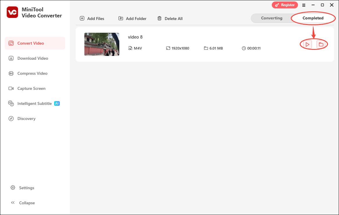Click the Play icon or the Folder icon in MiniTool Video Converter to check or locate the converted video