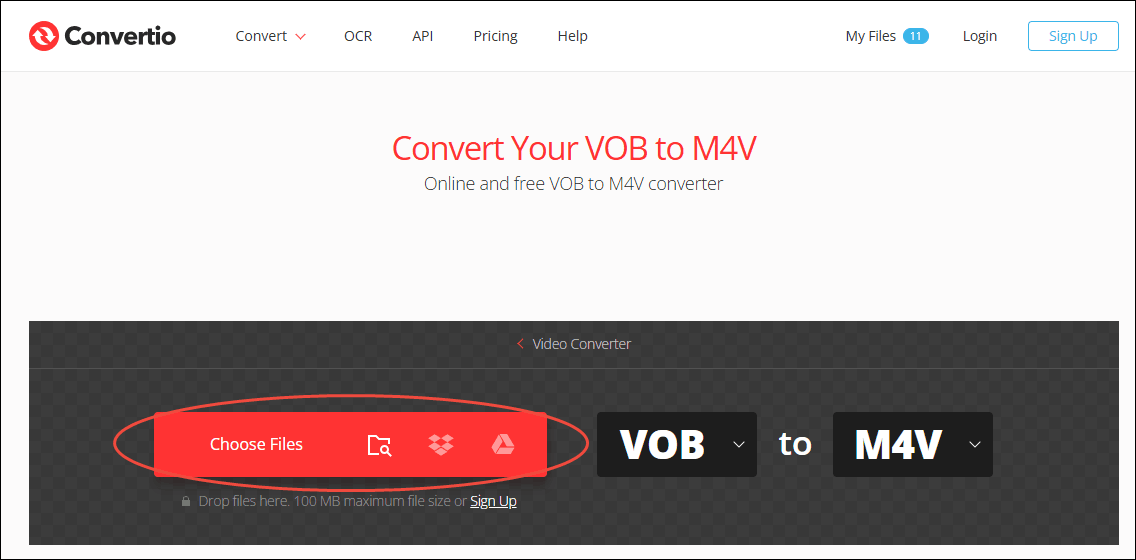 Click the Choose Files option in Convertio to import the VOB video